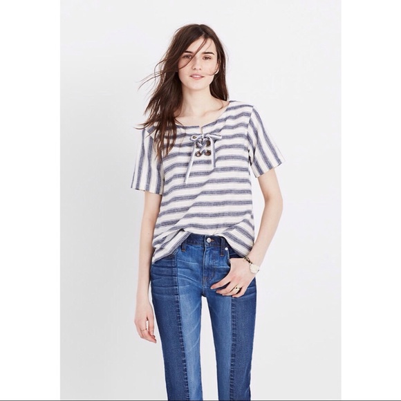 Madewell Tops - Madewell Nautical Striped Lace Up Linen Cotton Top
